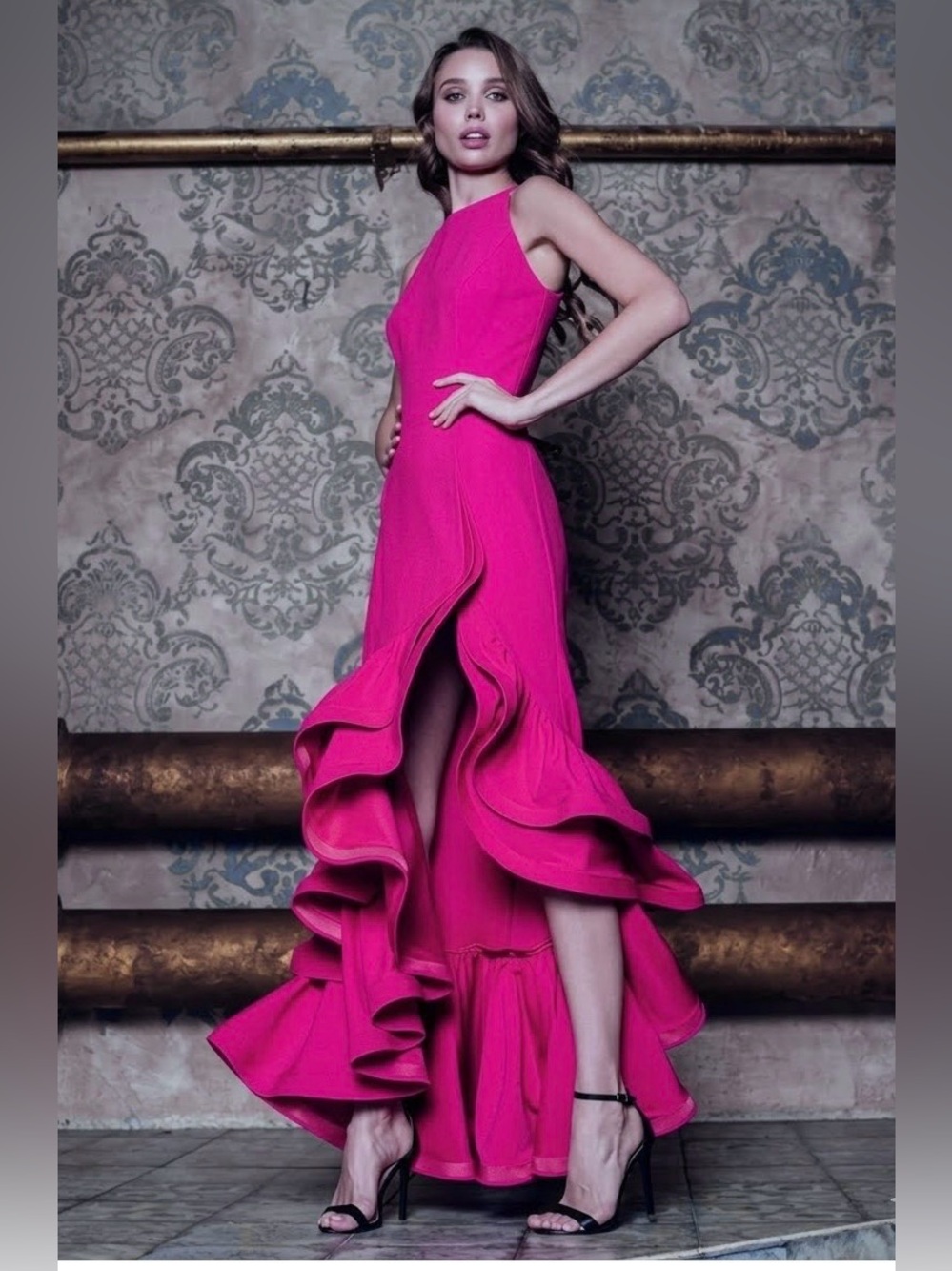 BETSY & ADAM Arielle Scuba Crepe Gown Hi-Lo Ruffle Slit Fuchsia 4P MSRP $270